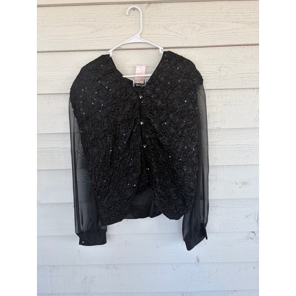 Jeffrey & Dara Black Beaded Evening Jacket Sheer Sleeves Size 16 - Picture 2 of 6